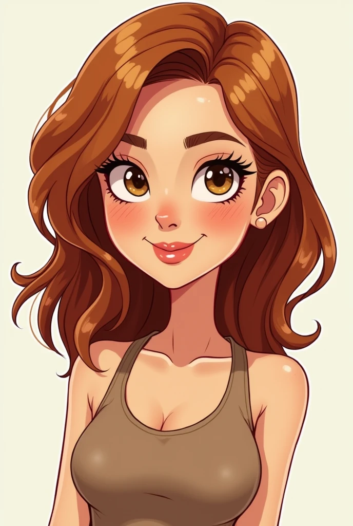 Cartoon image of a 29-year-old Venezuelan girl, white skin color and brown eyes, shoulder length copper colored hair, Her hair is between straight and wavy, She is thin and weighs 50kg, stomach 1,50 cm, Her nose is small and she has very subtle freckles., Her lips are thin and have a marked cupid's bow