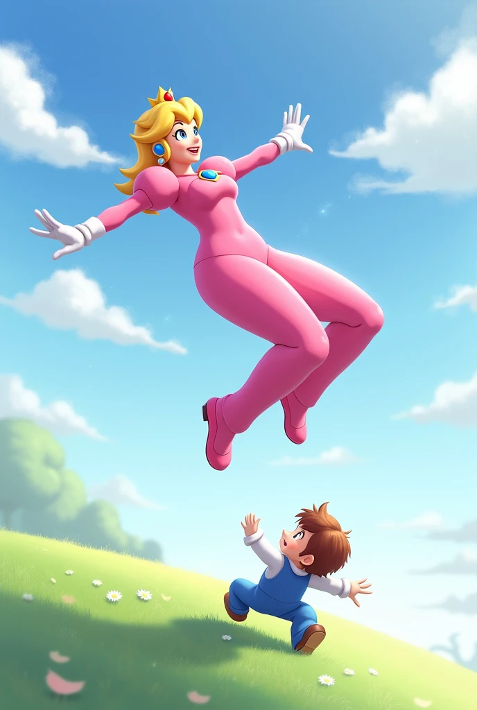 *Princess Peach (Elastic Suit) then falls from the sky with stretchy and floppy legs while smiling*

Peach (Elastic): Hello There~

*She stretches over to the Boy and wraps all around him*