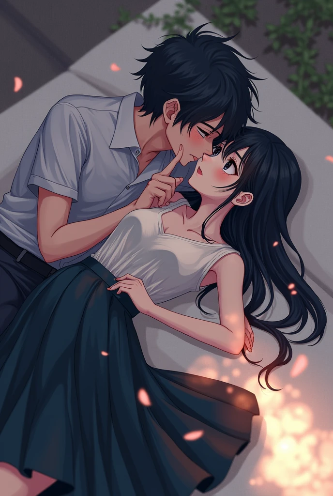 School girl in long black skirt kissing with boy on top of her in anime