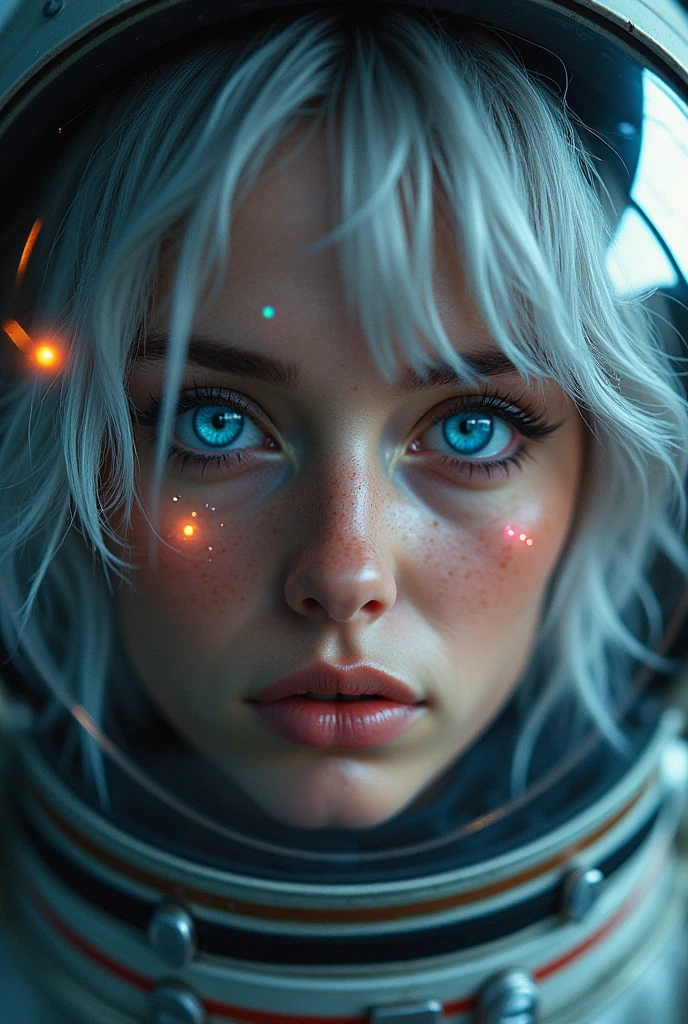 (Close-up of a better masterpiece:1.5)0.9], (Space and astronauts:1.2) (Messy silver hair:1.1) (Heterochromia xanthochromia and blue eyes:1.2) (Space Helmet:1.0) (Colored stars in the eyes:1.0) (A radiant glow:1.1) (thick lips:0.9)