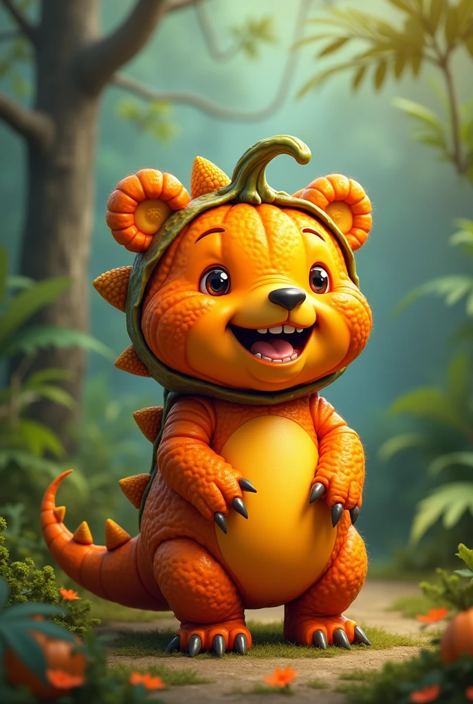 A pumpkin bear in a dinosaur costume