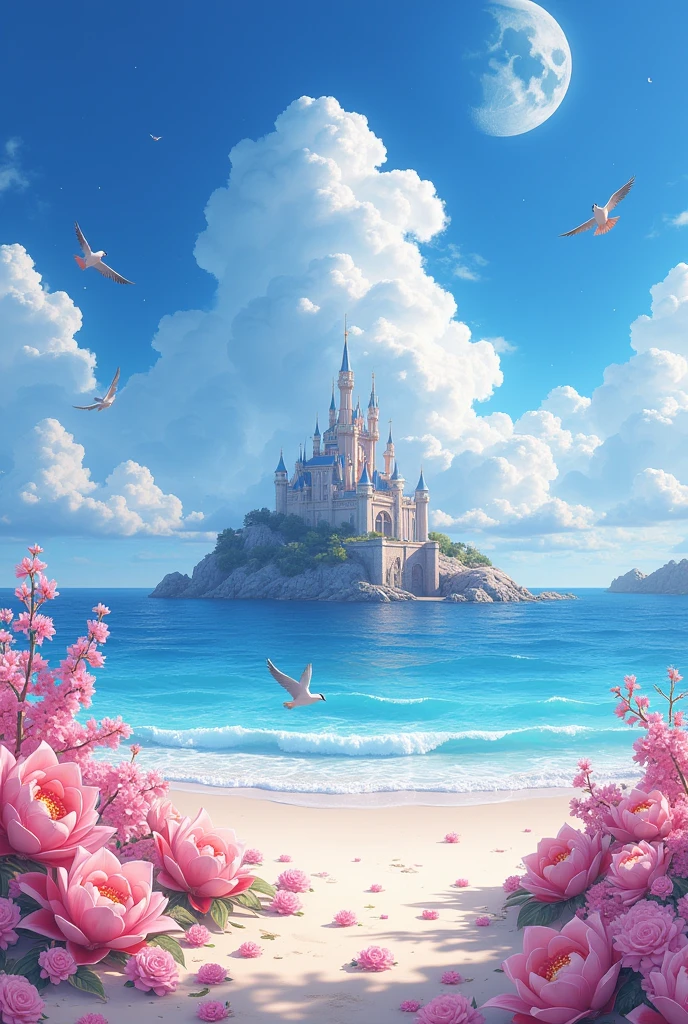 Shinkai Makoto anime style，castle, Flowers, Exquisite scenes, Sky, White Cloud, The sun shines on the white sand beach. birds, pink Flowers and bright big shells, Diamond crystal, on the beach, fantasy, night Sky, moon, smokes, fire, photo, HD, 8K, UHD, Super Detail, high quality, 1080P  