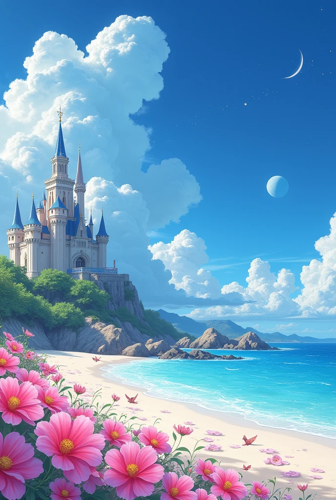 Shinkai Makoto anime style，castle, Flowers, Exquisite scenes, Sky, White Cloud, The sun shines on the white sand beach. birds, pink Flowers and bright big shells, Diamond crystal, on the beach, fantasy, night Sky, moon, smokes, fire, photo, HD, 8K, UHD, Super Detail, high quality, 1080P  