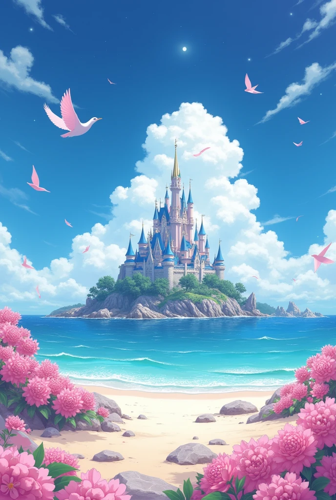 Shinkai Makoto anime style，castle, Flowers, Exquisite scenes, Sky, White Cloud, The sun shines on the white sand beach. birds, pink Flowers and bright big shells, Diamond crystal, on the beach, fantasy, night Sky, moon, smokes, fire, photo, HD, 8K, UHD, Super Detail, high quality, 1080P  