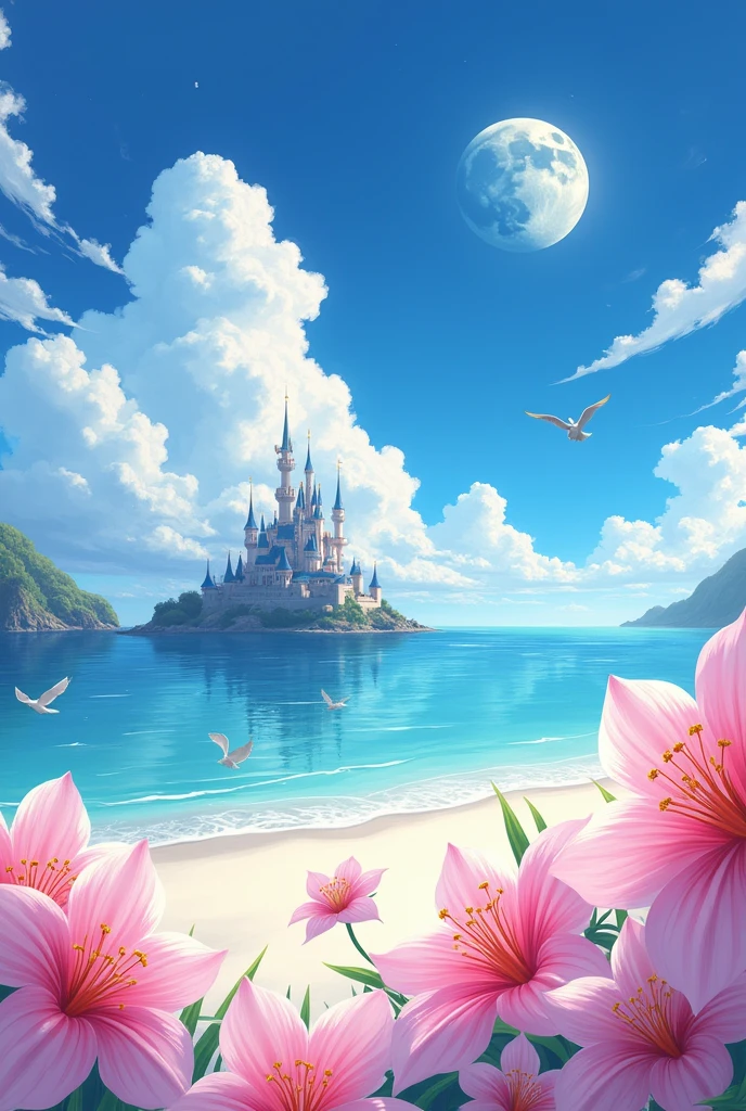 Shinkai Makoto anime style,castle, Flowers, Exquisite scenes, Sky, White Cloud, The sun shines on the white sand beach. birds, pink Flowers and bright big shells, Diamond crystal, on the beach, fantasy, night Sky, moon, smokes, fire, photo, HD, 8K, UHD, Super Detail, high quality, 1080P