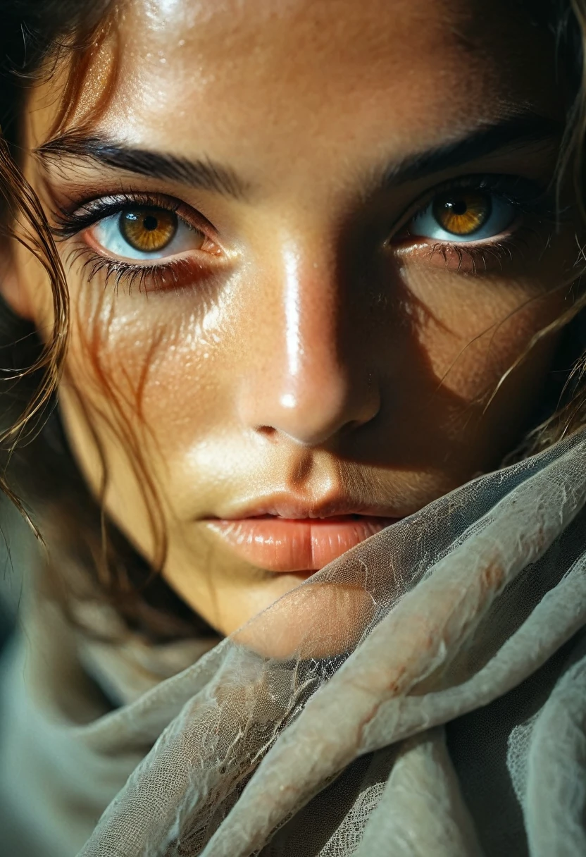 CRU photo, beautiful brown eyes, macro photo, work of art, colorful details, awardwinning, highy detailed, 8k, natural lighting, analog film, skin detailed, amazing composition, details Intricate, underground dispersal, veiled hair, amazing textures, cinematographic, Bright dark, smooth light, 21 years old, upper body and face,