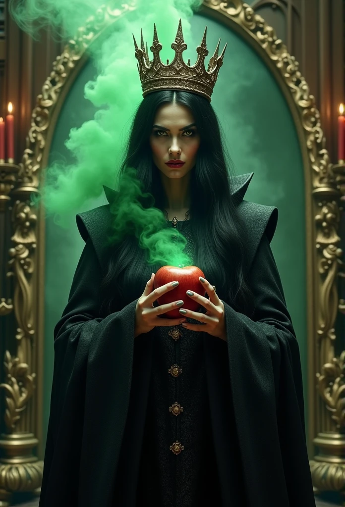 masterpiece, best quality, HD, Delicate texture, Real People,Realistic style,Evil Witch Queen, crown,Hand holding an apple with green poisonous smoke,Fierce expression,Evil smile,Fantasy Art,Black long hair,Magic Mirror, palace, Black robe,Movie Lighting,Looking at the camera