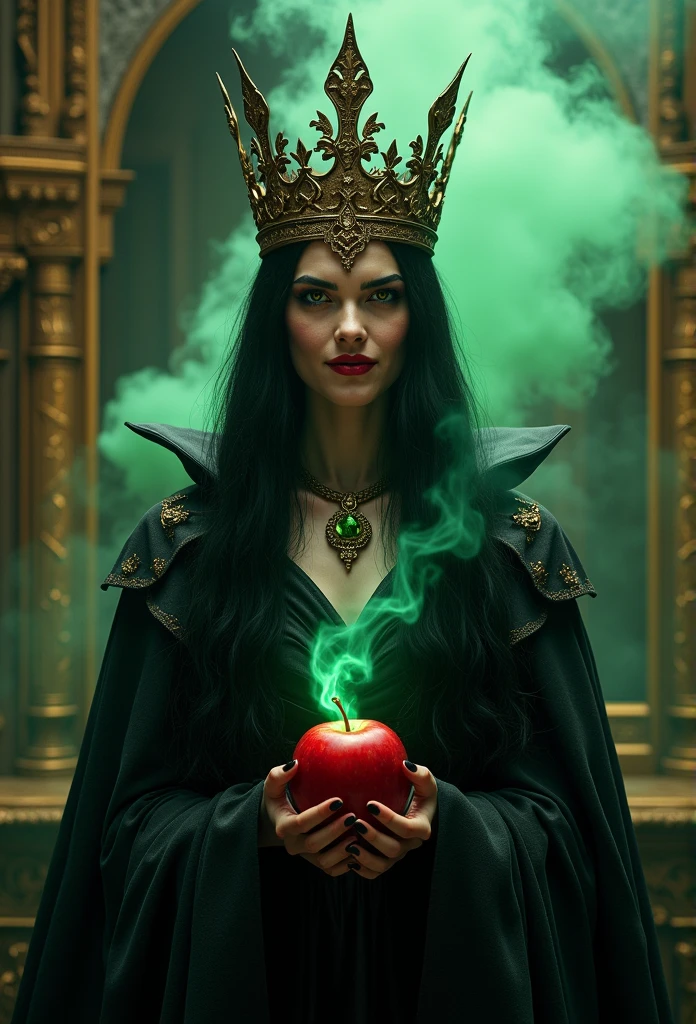 masterpiece, best quality, HD, Delicate texture, Real People，Realistic style，Evil Witch Queen, crown，Hand holding an apple with green poisonous smoke，Fierce expression,Evil smile，Fantasy Art,Black long hair,Magic Mirror, palace, Black robe，Movie Lighting，Looking at the camera