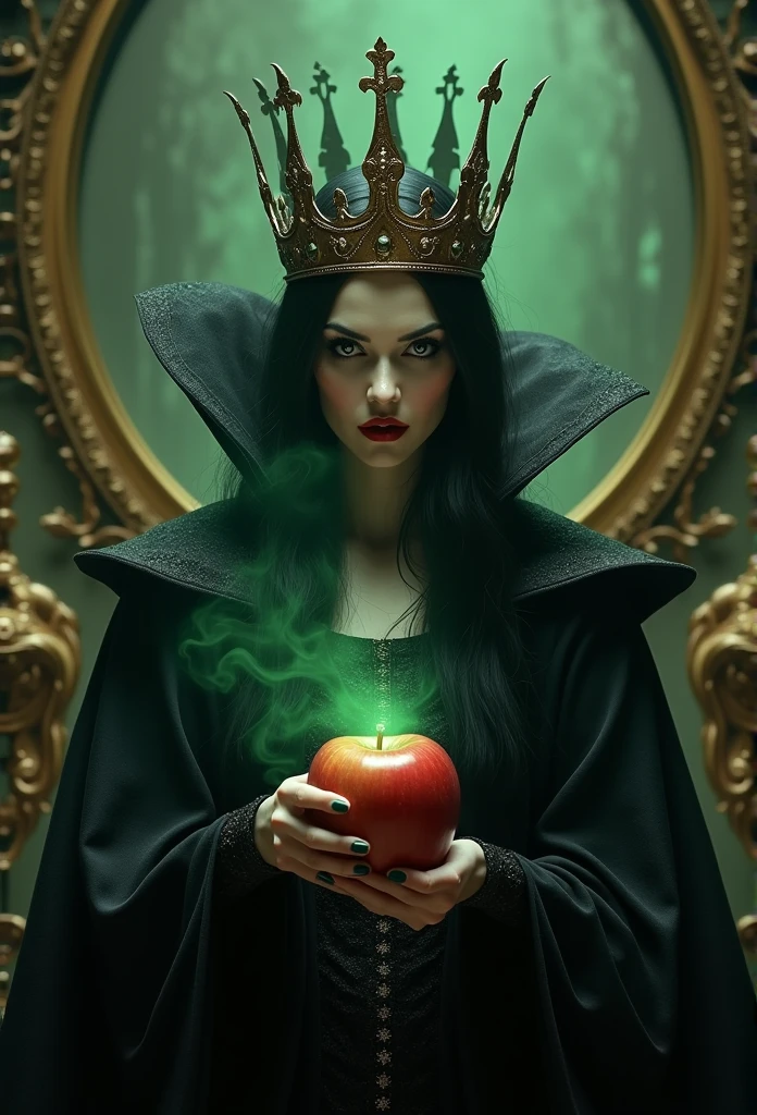 masterpiece, best quality, HD, Delicate texture, Real People,Realistic style,Evil Witch Queen, crown,Hand holding an apple with green poisonous smoke,Fierce expression,Evil smile,Fantasy Art,Black long hair,Magic Mirror, palace, Black robe,Movie Lighting,Looking at the camera