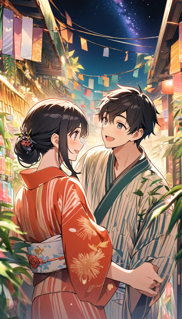 high resolution、high quality、Ultra HD、animation、An illustration、Colorful、The dreamlike world of Tanabata、I can see the Milky Way in the night sky、There are lots of bamboo decorations for Tanabata.、Strip、A young couple wearing yukata、Black Hair、looks happy、looks fun、smile、