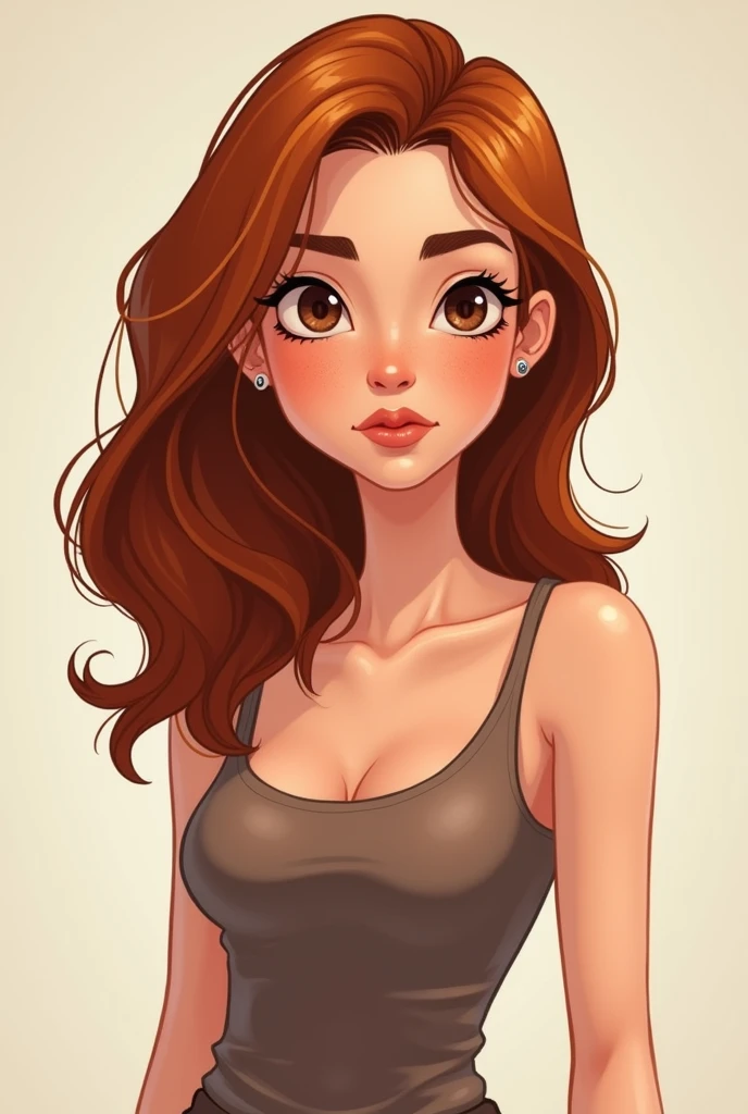 Cartoon image of a 29-year-old Venezuelan girl, white skin color and brown eyes, shoulder length copper colored hair, Her hair is between straight and wavy, She is thin and weighs 50kg, stomach 1,50 cm, Her nose is small and she has very subtle freckles., Her lips are thin and have a marked cupid&#39;s bow 