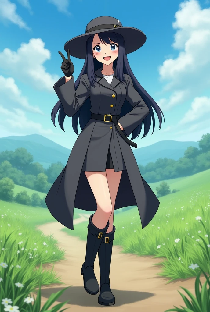 General description:
"A young girl with long, straight black hair, with a happy and friendly expression. She has a slim figure and delicate and expressive facial features.."
Clothes and accessories:
"Dressed in a long dark grey trench coat, It reaches to the ankles and has an elegant, fitted cut.. The trench coat is buttoned up to the neck and has a black belt that highlights her waist.. Black leather high boots peek out from under the trench coat. He wears black gloves and a wide-brimmed hat of the same color as his trench coat., adding a touch of sophisticated style."
Expression and Posture:
"With a happy and confident expression, standing in a natural posture, with one hand on the hip and the other raised as if he were waving or pointing at something."
Environment and background:
"In a vibrant environment reminiscent of a Pokémon landscape, like an open field or meadow, with green vegetation and a clear sunny sky."
artistic style:
"Anime or manga style, maintaining the aesthetics and visual characteristics of the Pokémon characters."