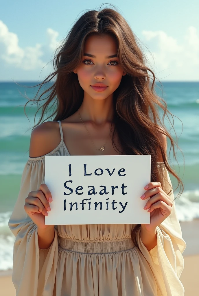 Beautiful girl with wavy long hair, bohemian dress, holding a white board with text "I Love Seaart Infinity" and showing it to the viewer