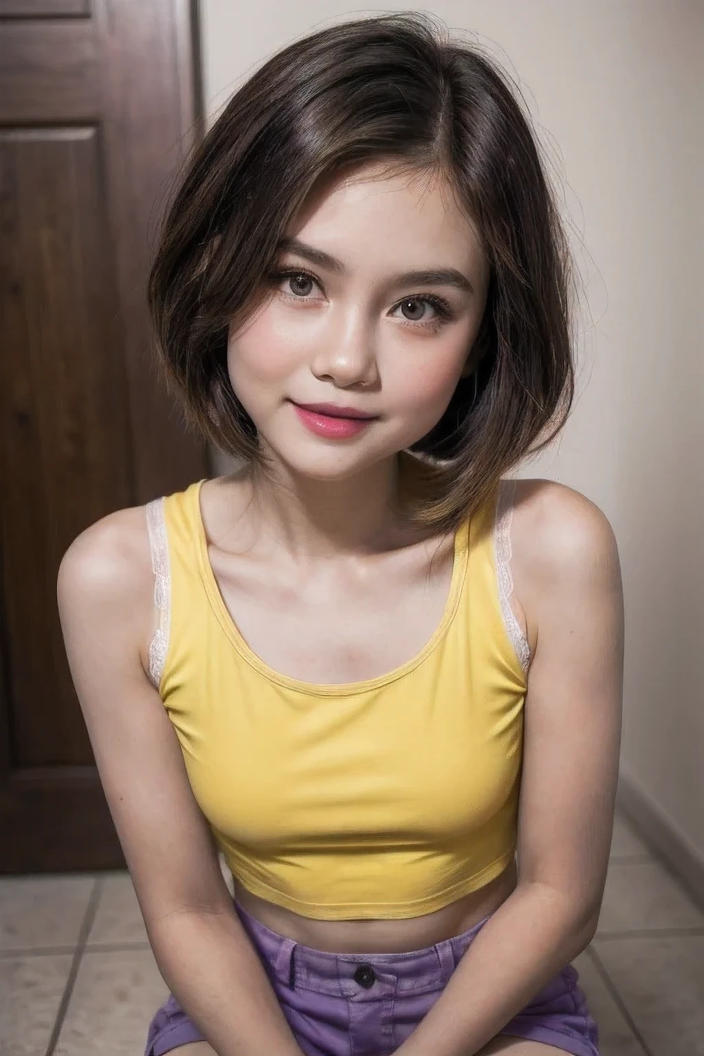 ((PURPLE LIPS)), (Yellow short haircut)), adorable, 1 girl, (face to face), , baby face, happy, half body portrait, (face details: 1), (eye details: 1), ((tiny breasts)). ((wearing lingerie)) ((Shortpants)), ((croptank))