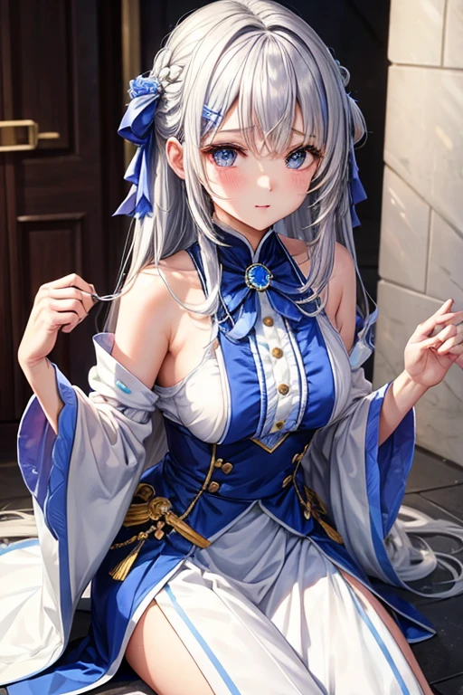 cute、woman、A hairstyle in which the entire hair is swept back、Odd Eye、Silver hair back、male、Her hair is shoulder-length、Odd Eye、maleの左目赤色、male右目青、Increase the wide angle、Clear Eyes、White and blue magic costume、mini skirt、