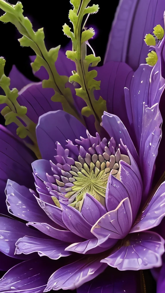 a close up of a purple flower with a green stem, flowers growing out of its head, botanical fractal structures, by Jan Sawka, beautiful detail, intricate plants, beautiful natural forms, intricate!!, fern, hyperdetailed!!, beautiful hyperdetailed, hyperdetailed!!!, by Joan Ayling, flower head, very intricate, detailed plant life, by Stefan Lochner