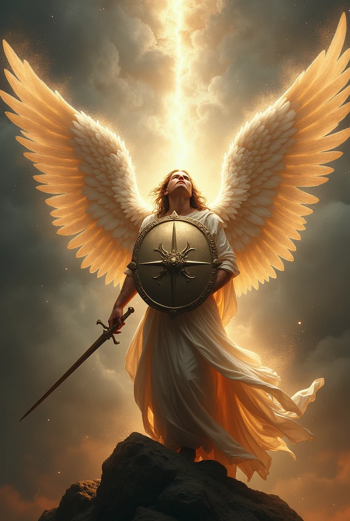 Archangel, shield , sword , spiritual light, imposing 


