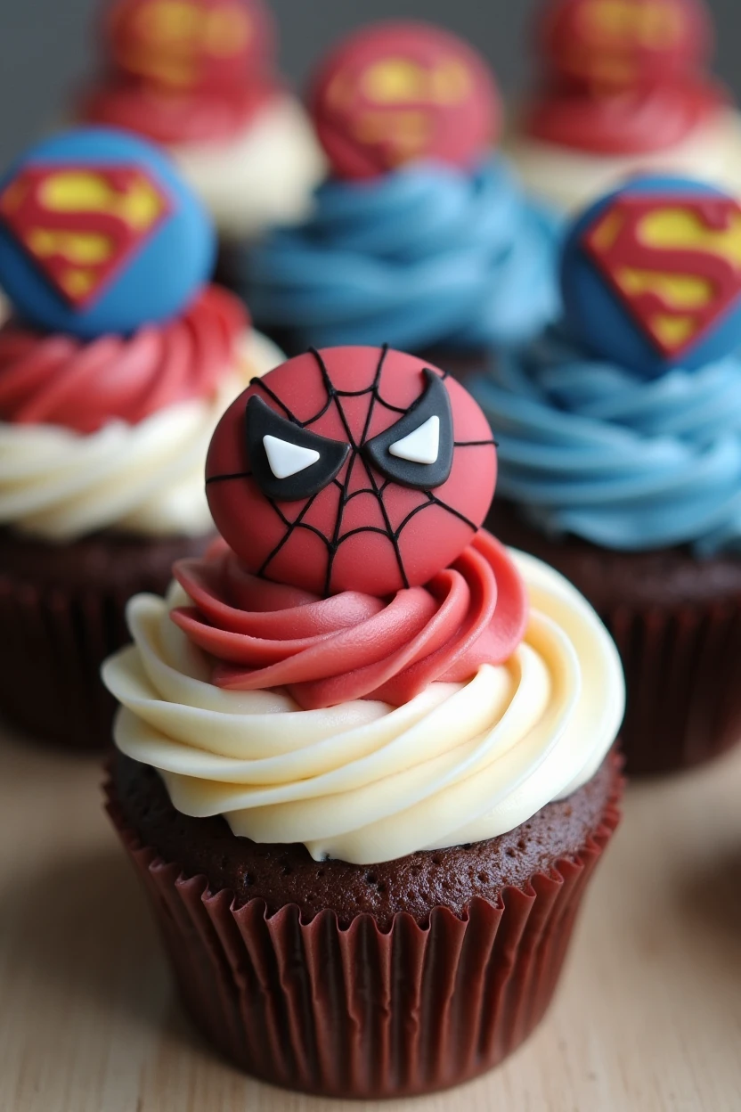Create a logo for a micro-business of cupcakes decorated with superheroes, placing the name of sweet moments