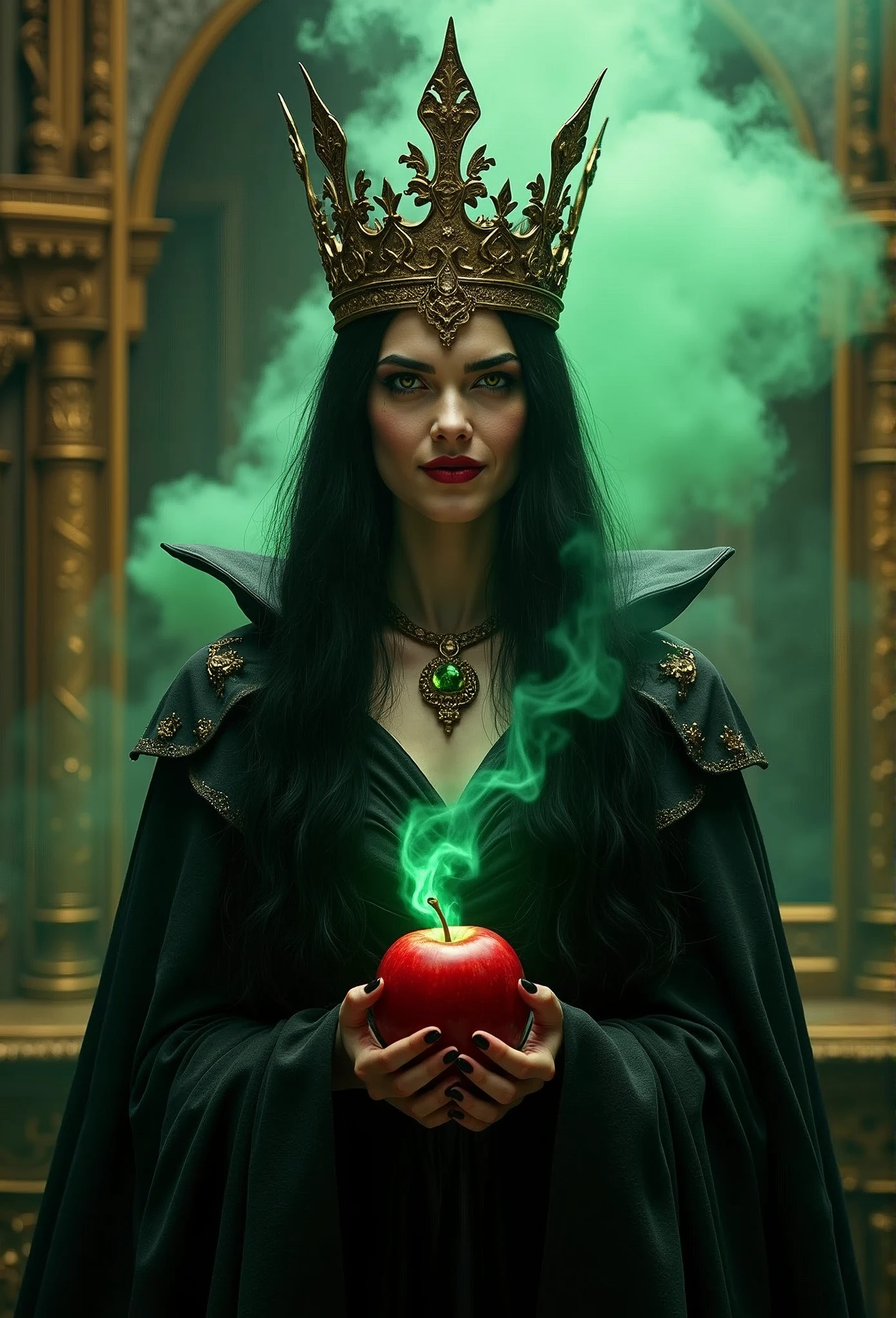 masterpiece, best quality, HD, Delicate texture, Real People,Realistic style,Evil Witch Queen, crown,Hand holding an apple with green poisonous smoke,Fierce expression,Evil smile,Fantasy Art,Black long hair,Magic Mirror, palace, Black robe,Movie Lighting,Looking at the camera