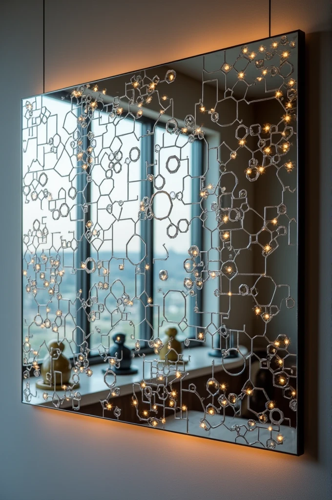 Wall-sized mirror made up of smaller mirrors of various sizes and shapes, with LED lights between each mirror