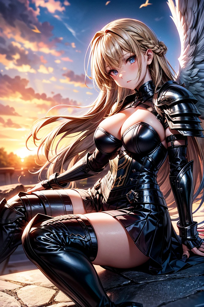 female archangel prepared for battle, an extremally beautiful warrior valkyre, ultra feminine, long hair, dark blonde hair, braided hair, wearing divine heavy armor, long leather boots, cleavage, big breasts, (white armor: 1.2), full plate armor, (angel wings: 1.2) spread, angel wings on both sides of her back, posing for a picture, full body, floating mid-air, sunset, 16k, RAW, ultra wide shot, photorealism, depth of field, hyper realistic, 2.5 rendering, ray tracing