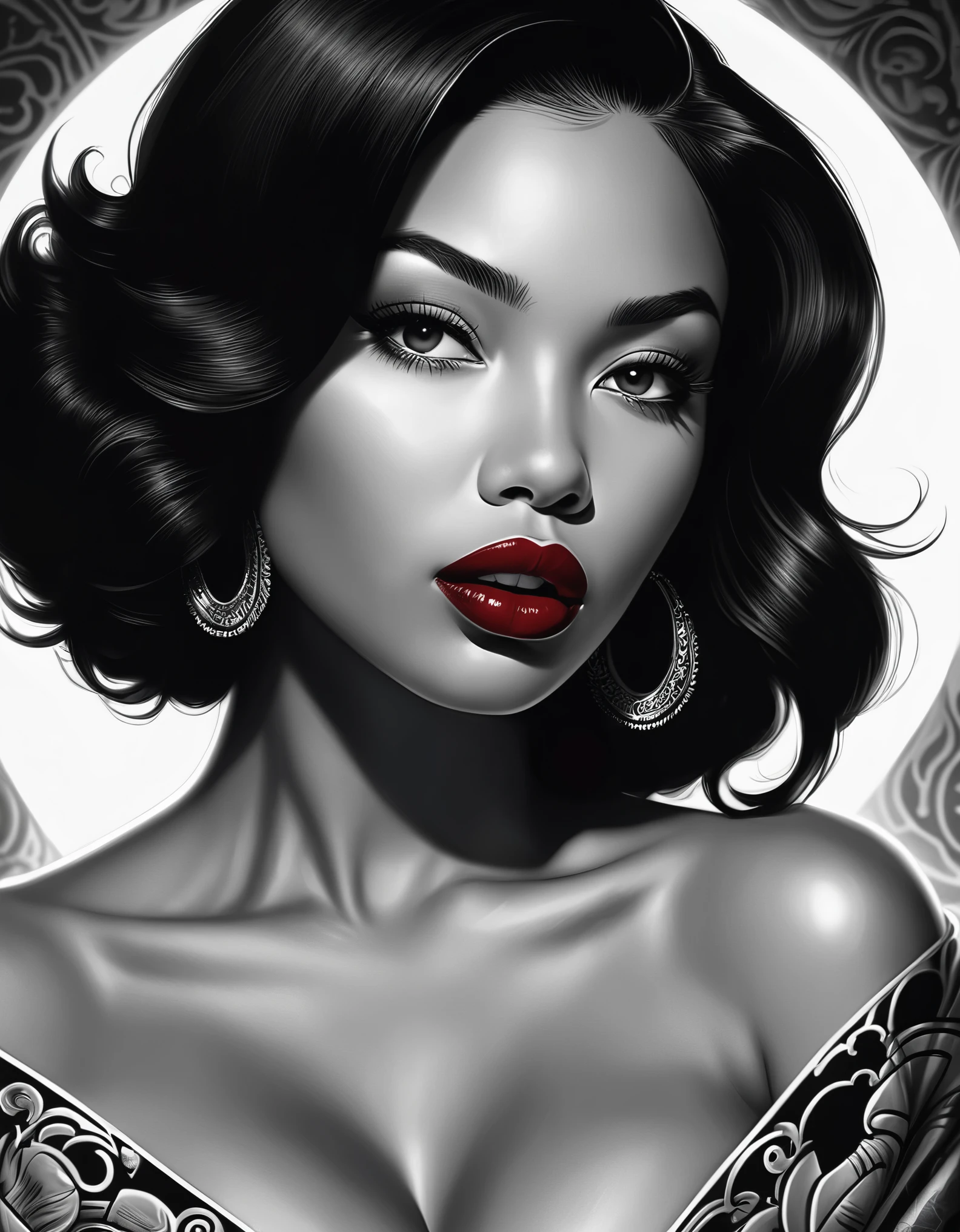 woman, fantasy, beauty, Adopts a dark comic book art style, Realistic ultra-detailed portraits, Black and white grayscale, Chicano Art, Deep cherry red lipstick, Realistic yet romantic, Smooth lines--ar 23:36 --Style 750