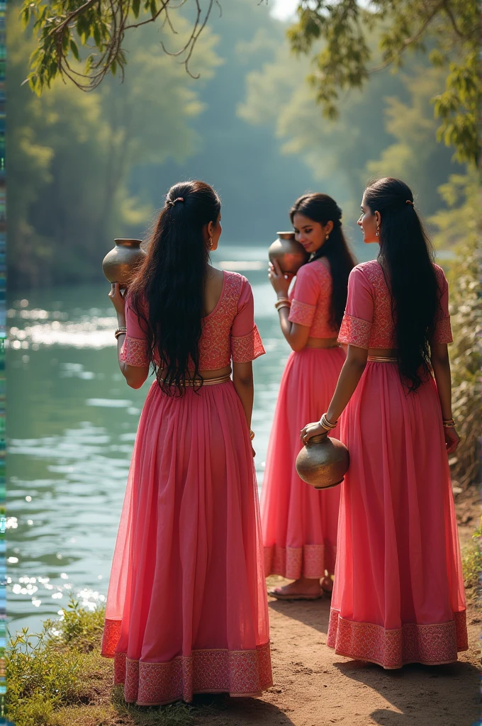 Indian women with long silky hair in pink ghagra choli holding a matka near a river bank 
