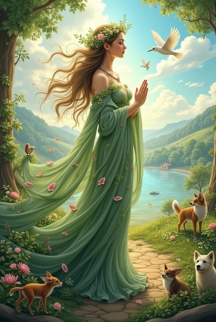 Make a picture of mother nature with various animals around and birds 