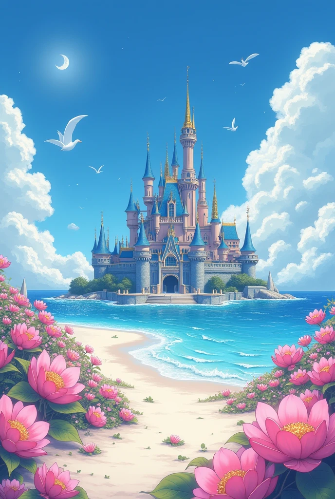 Hayao Miyazaki anime style,castle, Flowers, Exquisite scenes, Sky, White Cloud, The sun shines on the white sand beach. birds, pink Flowers and bright big shells, Diamond crystal, on the beach, fantasy, night Sky, moon, smokes, fire, photo, HD, 8K, UHD, Super Detail, high quality, 1080P