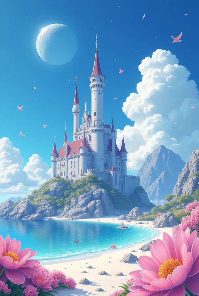 Hayao Miyazaki anime style,castle, Flowers, Exquisite scenes, Sky, White Cloud, The sun shines on the white sand beach. birds, pink Flowers and bright big shells, Diamond crystal, on the beach, fantasy, night Sky, moon, smokes, fire, photo, HD, 8K, UHD, Super Detail, high quality, 1080P