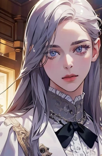 a determined victorian era woman in her early 30's wearing white coat, scholarly, surrounded by plants, straight white medium-length hair, striking purple eyes, detailed realistic portrait, photorealistic, hyperrealistic, 8k, detailed clothing, beautiful detailed eyes, beautiful detailed lips, extremely detailed face, intricate ornate details, cinematic lighting, dramatic shadows, warm color tones, natural lighting, highly detailed, masterpiece, artstation, sharp focus, hyper detailed, half body
