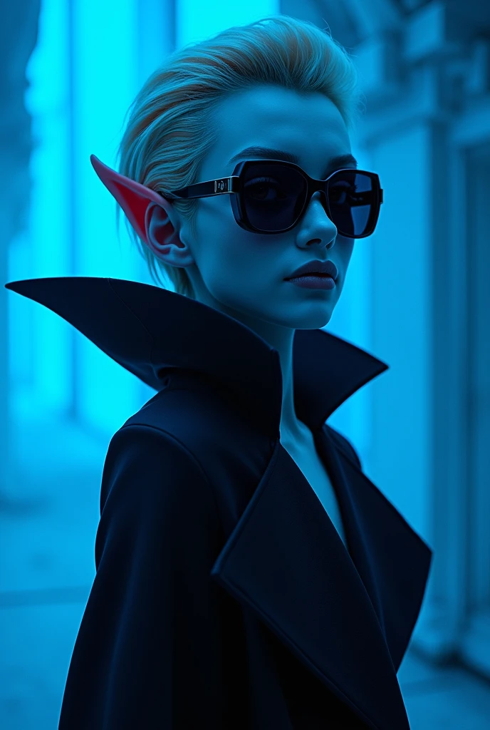 The best cell phone wallpaper, Award-Winning Wallpaper, portrait photography, In the front view is a portrait of a cute dracula wearing mid-2000s space age fashion, Side view photo, Shot with Canon EOS R5, Set a strong contrast that accentuates the subject, Fluorescent blue tone, Wearing a very modern coat and sunglasses is a modern 2000s style, Clothes all in one color, complicated background