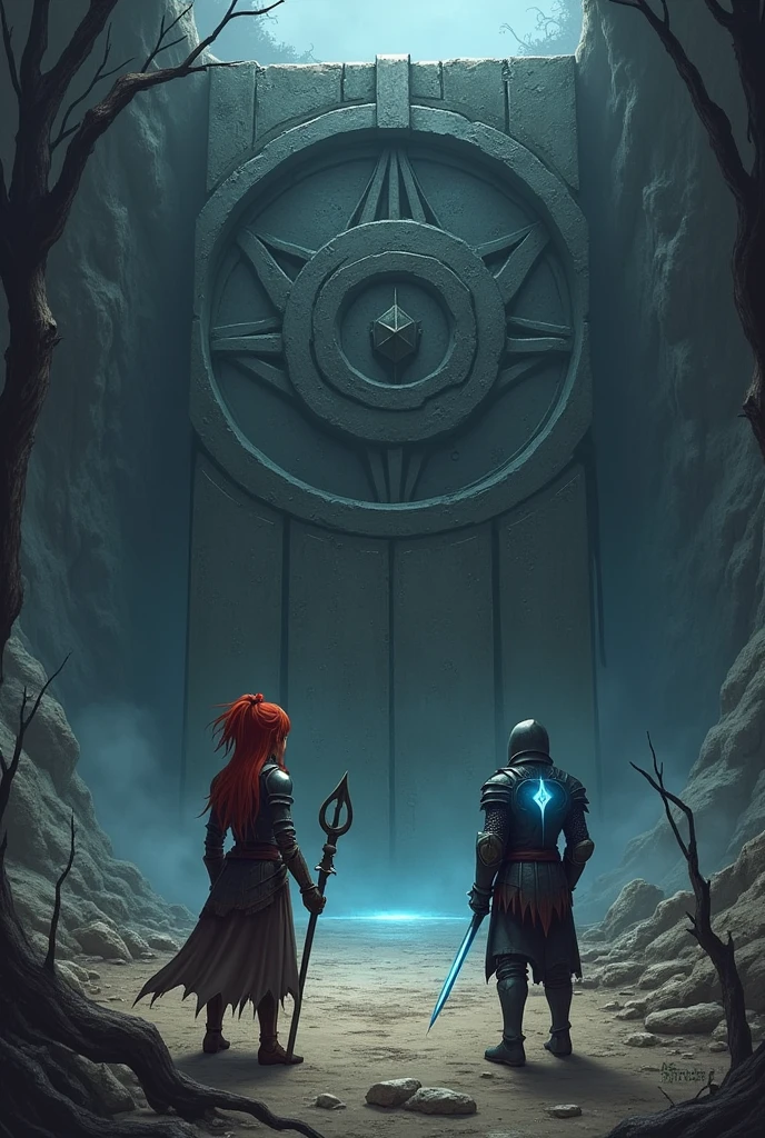 Here is a detailed description for creating the scene of the heroes facing the dungeon door:

### **Epic Scene Description**

**Scenario:**
- **enviroment**: A vast, dark dungeon entrance, marked by a huge and imposing door, made of a mysterious metal with ancient symbols. The surrounding environment is destroyed, with ruined structures and scattered debris. The door is intact, standing out as a bastion of power amidst the chaos.
- **atmosphere**: The atmosphere is charged with an oppressive and threatening feeling. The light is dim and the area around the door is shrouded in deep shadow., with a light mist that accentuates the feeling of imminent danger.

**Personagens:**

1. **Young Draconian**:
   - **Appearance**: A 27 year old girl, with 1,65 m high, possessing scarlet eyes that shine brightly and red hair with slight details in shades of blue.
   - **tenue**: She wears light armor, fitted and elegant, that reflects weak light, highlighting its detailed design adapted for agility. She carries a magical staff that emanates a subtle glow., suggesting an arcane power.
   - **stance**: He is in a posture of determination and readiness, with the staff raised, ready to cast spells, his gaze fixed on the imposing dungeon door.

2. **knightgirl**:
   - **Appearance**: A knight dressed in full armor, with a blue glow emanating from his eyes through the closed visor, revealing a menacing and resolute presence.
   - **tenue**: The armor is robust and detailed, reflecting an imposing and protective appearance. The armor is marked with signs of previous battles, highlighting his role as an experienced defender.
   - **stance**: Next to the draconian, the knight is in a firm and protective posture, ready to face any threat that may emerge from the dungeon door. Your presence is a symbol of strength and protection.

**Scenario Adicional:**
- **Dirt Road Surrounded by Trees**: They are positioned in 