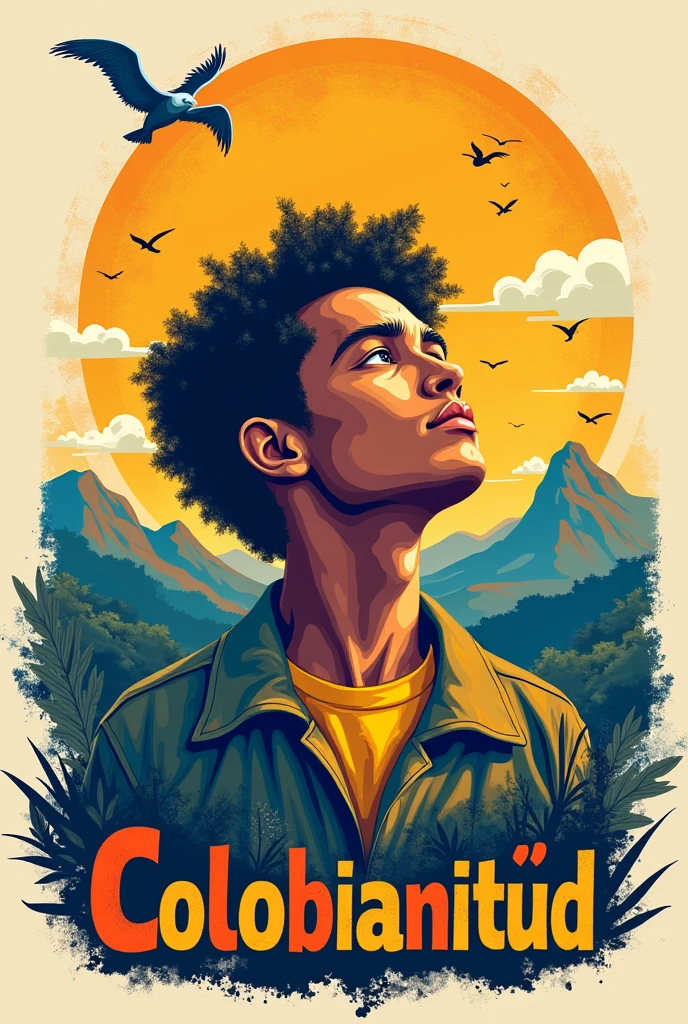 Create a poster about the book 《Colombianitud> which is a detailed exploration of the Colombian soul. In its pages, Jaime Alberto Leal Afanador examines how an advanced education system can guide Colombia towards a future full of opportunities and well-being. This free work is a call to understand and value the role of education in the construction of a prosperous nation to be exhibited in the hall of the Unad Popayan headquarters 