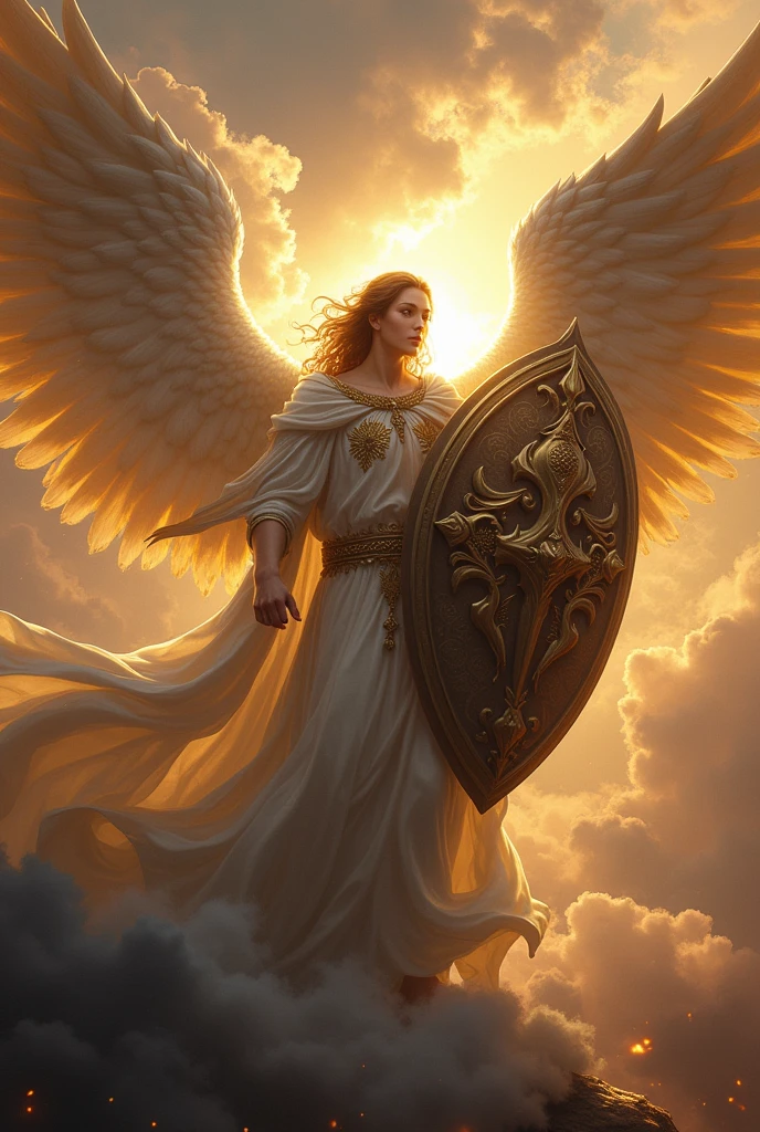 Archangel, shield , sword , spiritual light, imposing, fighting with demons