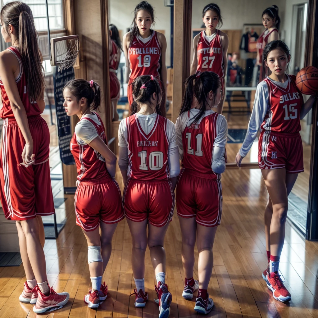 (8k, Best Quality, Masterpiece: 1.2), (Realistic, Photorealistic: 1.37), Super Detailed, Best Quality, Super High Resolution, Professional Lighting, Photon Mapping, Radiosity, Physically Based Rendering, Cinematic Lighting , basketball court, depth of field, focus, sun rays, good composition, (bokeh: 1.2), 1 girl, (whole body), (closed mouth), beautiful eyes, pose, constriction, basketball uniform, black hair , messy hair, long hair blowing in the wind,(ulzzang-6500:1.2) mix4, hiqcgbody