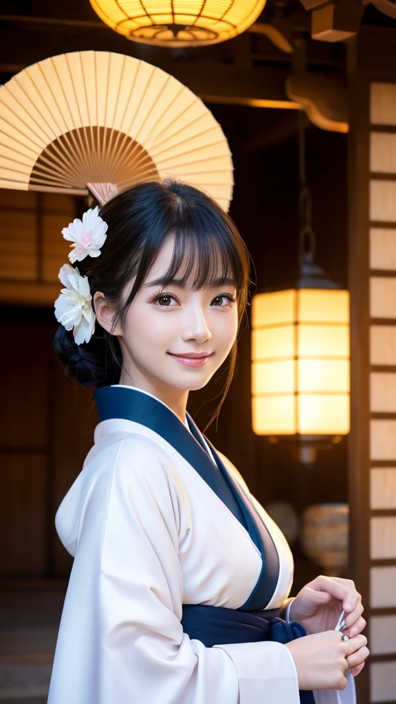 (Super beautiful woman in kimono)、((highest quality、8K masterpiece:1.3))、sharp focus:1.2、(super beautiful face:1.0)、(shiny skin:1.0)、realistic pictures、black hair、video lighting、High resolution eyes and face、video lighting、japanese actress、from the front、with a happy smile、whole body、wearing a kimono、in Kyoto、(luxury obi)、with a fan、Fireworks Display