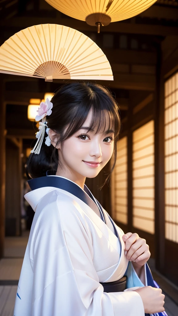 (Super beautiful woman in kimono)、((highest quality、8K masterpiece:1.3))、sharp focus:1.2、(super beautiful face:1.0)、(shiny skin:1.0)、realistic pictures、black hair、video lighting、High resolution eyes and face、video lighting、japanese actress、from the front、with a happy smile、whole body、wearing a kimono、in Kyoto、(luxury obi)、with a fan、Fireworks Display