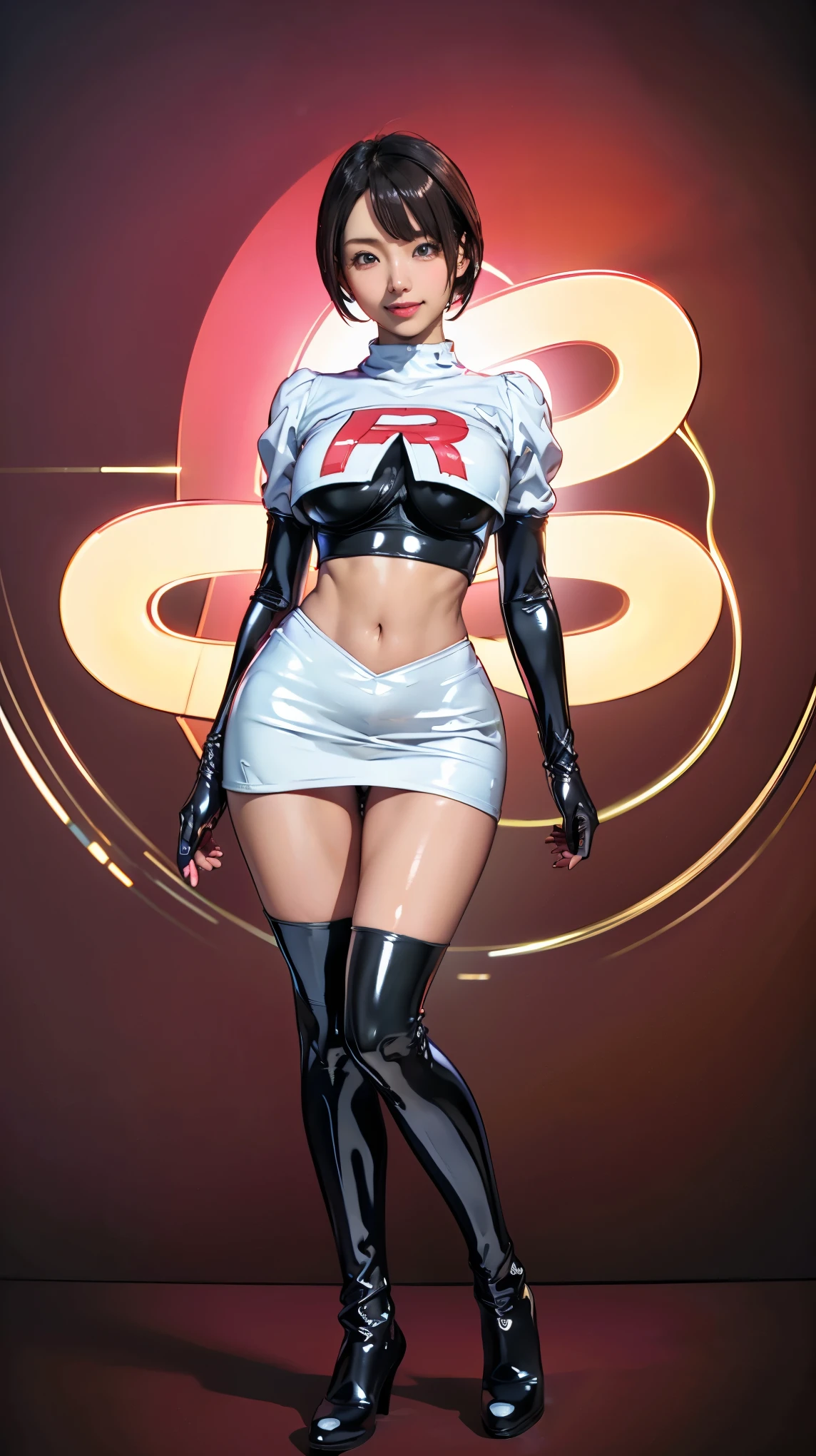 (masterpiece, Highest quality, In 8K, Very detailed, High resolution, Realistic:1.2), (Latex Team Rocket uniform:1.3), (smilingly, Narrow-eyed Japanese face:1.2), (Black Hair, Bob Hair:1.2), (Cowboy Shot:1.3), (20 year old Japanese woman:1.2), (Shorten your skirt:1.3), (Black patent leather gloves, Black patent leather long boots:1.2), (Upper body is thin:1.4), (flattening the chest, Enhance the nipples:1.2), (Thicken your thighs:1.3), (Panty shot, Black latex panties:1.3)