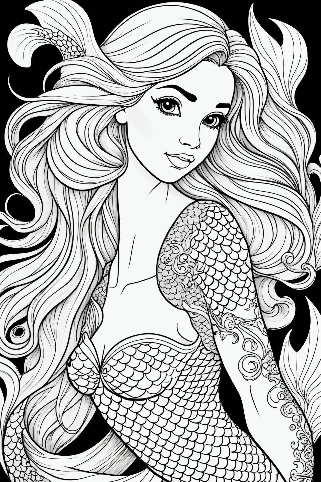 A beautiful mermaid colouring page for kids, black and white outline drawing 