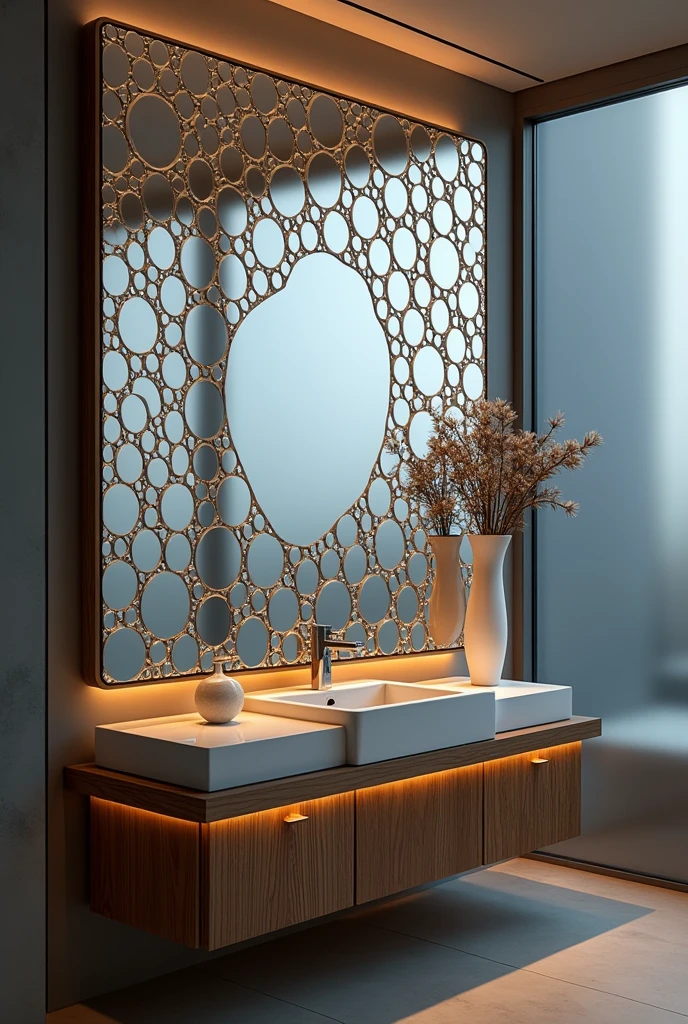 Wall-sized mirror made up of smaller mirrors of various sizes and shapes, with LED lights between each mirror. Let the spaces between the mirrors be medium