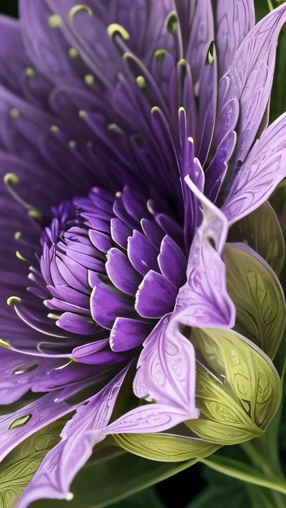 a close up of a purple flower with a green stem, a macro photograph by Jan Sawka, flickr, art nouveau, flowers growing out of its head, botanical fractal structures, beautiful detail, intricate plants, beautiful natural forms, intricate!!, fern, hyperdetailed!!, beautiful hyperdetailed, hyperdetailed!!!, flower head, very intricate, detailed plant life
