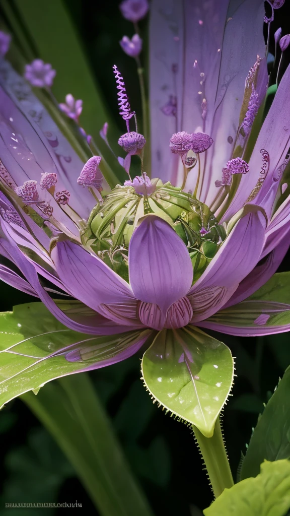 a close up of a purple flower with a green stem, a macro photograph by Jan Sawka, flickr, art nouveau, flowers growing out of its head, botanical fractal structures, beautiful detail, intricate plants, beautiful natural forms, intricate!!, fern, hyperdetailed!!, beautiful hyperdetailed, hyperdetailed!!!, flower head, very intricate, detailed plant life