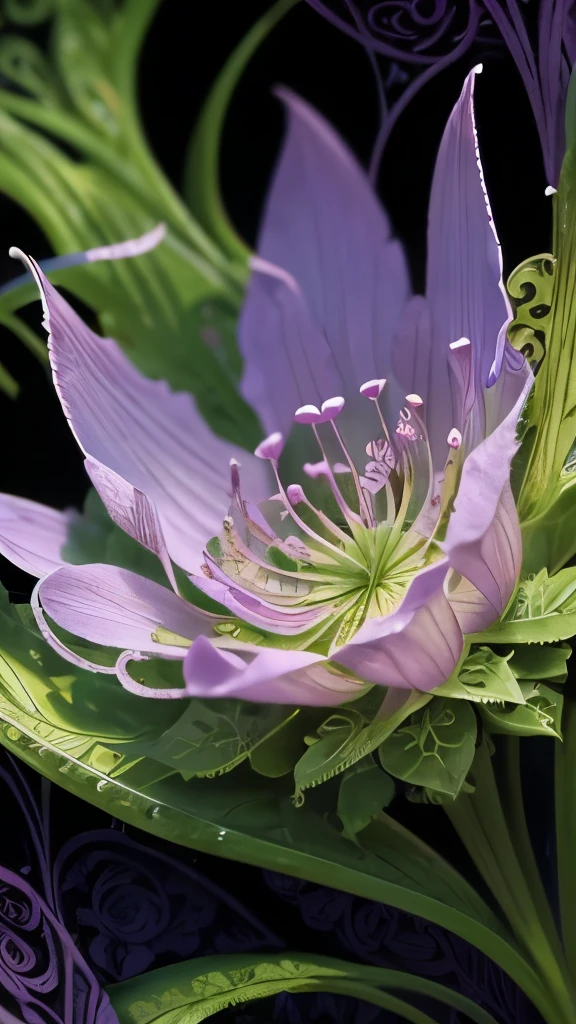 a close up of a purple flower with a green stem, a macro photograph by Jan Sawka, flickr, art nouveau, flowers growing out of its head, botanical fractal structures, beautiful detail, intricate plants, beautiful natural forms, intricate!!, fern, hyperdetailed!!, beautiful hyperdetailed, hyperdetailed!!!, flower head, very intricate, detailed plant life