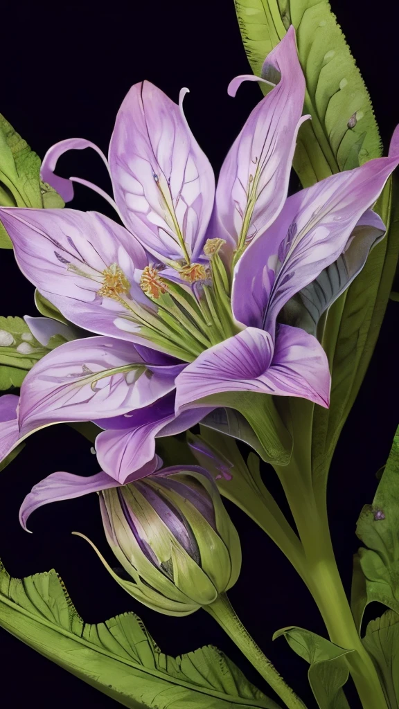 a close up of a purple flower with a green stem, a macro photograph by Jan Sawka, flickr, art nouveau, flowers growing out of its head, botanical fractal structures, beautiful detail, intricate plants, beautiful natural forms, intricate!!, fern, hyperdetailed!!, beautiful hyperdetailed, hyperdetailed!!!, flower head, very intricate, detailed plant life