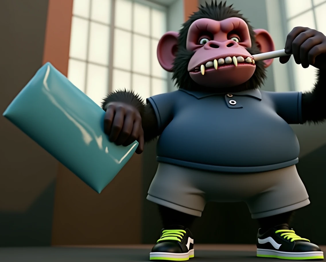 3D artist specializing in realistic illustration with strong influences from Star Wars styles. Your task is to create a 3D illustration of a 'Mutant monkey.' The character should have a fat ape face, with visible scars, and a depressive, sick expression. He should have large fangs with blood on the tips, indicating a predatory behavior. The ape is addicted to cocaine, with his left nostril and the left side of his lip covered in white powder.The character's body should be obese, wearing a blue polo shirt and gray shorts, with tight clothes that highlight his large, rounded belly. He is wearing black sneakers with fluorescent green details. The character’s clothes should be clean, contrasting with his sick appearance. Ape fur should be visible, and the character should be holding a rolled-up light blue bill in his right hand, while in his left hand, he is holding a transparent plastic bag with white powder visible inside.The composition of the image should be set in a cyberpunk environment with Star Wars influences, with a visual aesthetic similar to the film 'Spider-Man: Into the Spider-Verse.' The lighting should be stylized, with neon elements and saturated tones that capture the dynamism and intensity of the film's visual style. The result should be a realistic 3D illustration, but with a unique stylization that reflects the mutant nature and decadence of the character, as well as the dark, futuristic environment he inhabits."