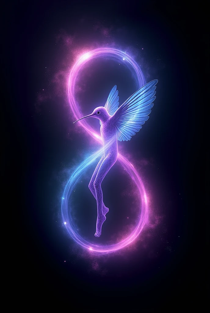 Black background, Infinity symbol made with violet rays and a transparent human body as a spirit and only a blue-purple hummingbird on one side, the hummingbird merging with infinity. And a rainbow spiral surrounding the human body from head to toe.


