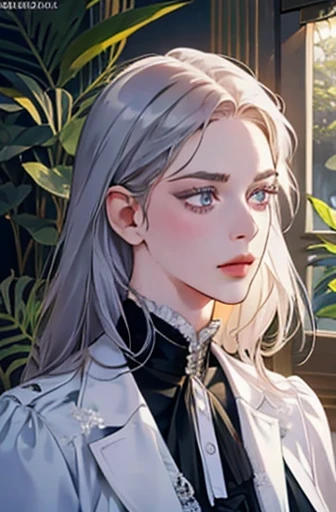 an angry victorian era woman in her early 30's wearing white coat, drinking tea, surrounded by plants, straight white medium-length hair, striking purple eyes, detailed realistic portrait, photorealistic, hyperrealistic, 8k, detailed clothing, beautiful detailed eyes, beautiful detailed lips, extremely detailed face, intricate ornate details, cinematic lighting, dramatic shadows, warm color tones, natural lighting, highly detailed, masterpiece, artstation, sharp focus, hyper detailed, half body