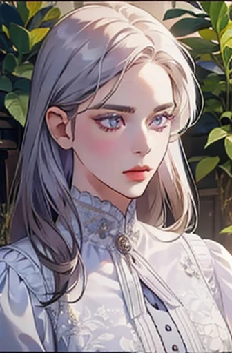 an angry victorian era woman in her early 30's wearing white coat, drinking tea, surrounded by plants, straight white medium-length hair, striking purple eyes, detailed realistic portrait, photorealistic, hyperrealistic, 8k, detailed clothing, beautiful detailed eyes, beautiful detailed lips, extremely detailed face, intricate ornate details, cinematic lighting, dramatic shadows, warm color tones, natural lighting, highly detailed, masterpiece, artstation, sharp focus, hyper detailed, half body
