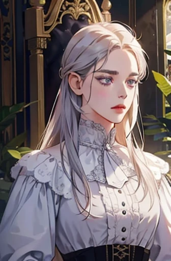 an angry victorian era woman in her early 30's wearing white coat, drinking tea, surrounded by plants, straight white medium-length hair, striking purple eyes, detailed realistic portrait, photorealistic, hyperrealistic, 8k, detailed clothing, beautiful detailed eyes, beautiful detailed lips, extremely detailed face, intricate ornate details, cinematic lighting, dramatic shadows, warm color tones, natural lighting, highly detailed, masterpiece, artstation, sharp focus, hyper detailed, half body